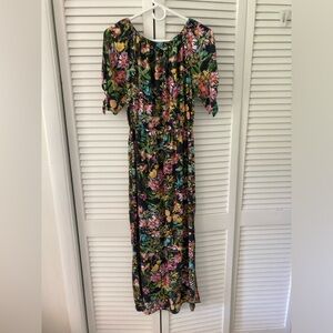 Women's Titi Floral Print on Black, Soft Maxi Dress With Side Slits, Size Small